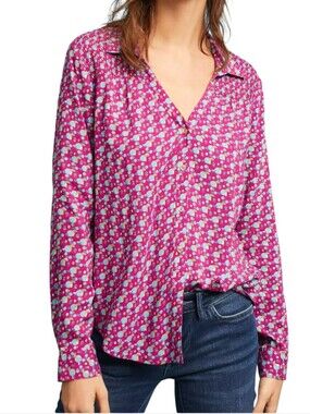 Maeve Amara Printed Blouse Size 12 Anthropologie Pink Blue Smocked Button Front